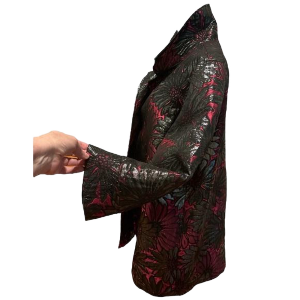 CAROLINE ROSE RED BLACK & METALLIC PEWTER LARGE BOLD FLORAL OVERSIZED JACKET L - Picture 3 of 8